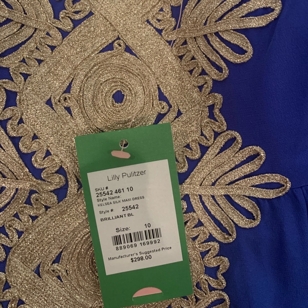 Exquisitely detailed gold and blue silk gown